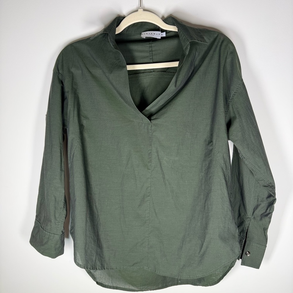 Harshman Hockney Popover Shirt Dark Green Melange 100% Cotton Small